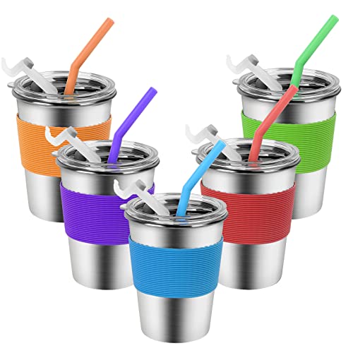 Yummy Sam Kinder-Edelstahlbecher mit Silikon-Trinkhalmen und Deckeln, auslaufsichere Metallbecher für Neujahr, Kleinkindbecher mit wärmeisolierten Hüllen für drinnen und draußen 5 Stück, 340 ml von Yummy Sam