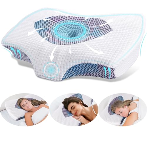 YunNasi Ergonomisches Nackenstützkissen Orthopädisches Kopfkissen aus Memory Foam Nackenkissen für Seiten Rücken & Bauchschläfer mit abnehmbarem und waschbarem Bezug (Style 2:60 * 43 * 12/10.5cm) von YunNasi