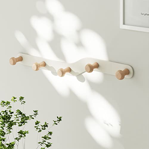 YunNasi Garderobenleiste Wand Hakenleiste Ohne Bohren Kleiderhaken Garderobenhaken Cremefarbende mit 5 Haken aus Holz für Flur Wohnzimmer Schlafzimmer Badezimmer von YunNasi