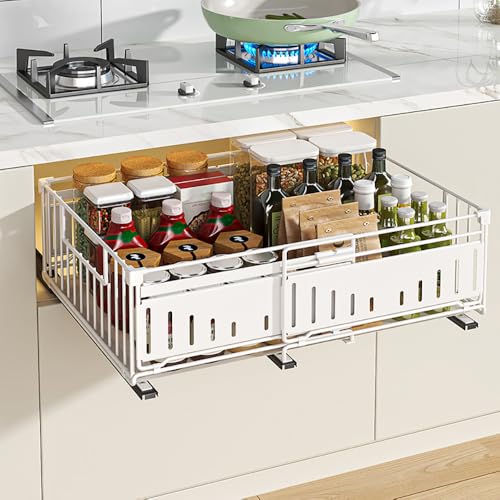 YunNasi Teleskopschublade, Ausziehbare Schubladen-Aufbewahrungsregale für Küchenschränke,Teleskopschublade Ausziehbar Küche Schublade (Weiß, 1Stück 38Dx17Hx32-50W CM) von YunNasi