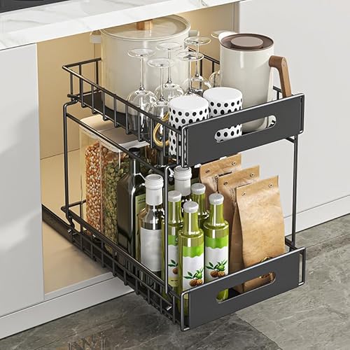 YunNasi Teleskopschublade, Küche Schubladen-Aufbewahrungsregale für Küchenschränke Kein Bohren und Nageln,Schubladenregale Herausschieben (Schwarz, 2Tier: 41Dx25Wx33H) von YunNasi