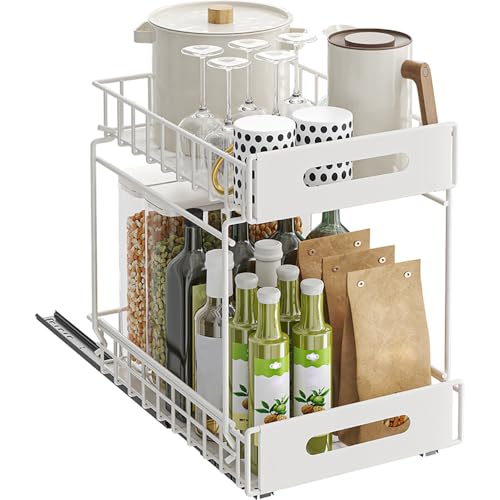 YunNasi Teleskopschublade, Küche Schubladen-Aufbewahrungsregale für Küchenschränke Kein Bohren und Nageln,Schubladenregale Herausschieben (Weiß, 2Tier: 41Dx25Wx33H) von YunNasi