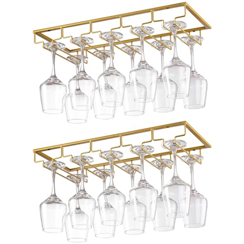 YunNasi 2 Stück 5 Reihige Weinglashalter Gläserhalter aus Metall Gläserschiene Halter Unter Schrank mit Schrauben Weinglas Rack zum Aufhängen für Hausbar Küche Bar Pub Restaurant, Golden von YunNasi