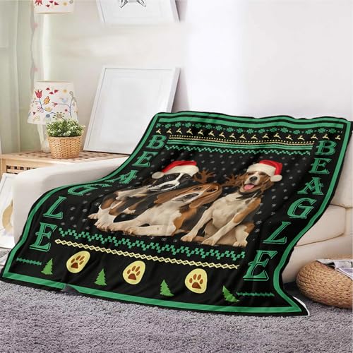 Beagle-Hunde-Überwurfdecke – weiche Fleecedecke mit Weihnachtsmannmützen-Design, warme, leichte Sofa-Bettdecke für Hundeliebhaber und Urlaubsdekoration (Beagle, 130 x 150 cm) von YunTu