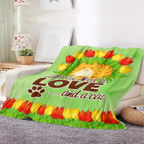 Katzen-Überwurfdecke – weiche Fleecedecke mit Zitat "All You Need Is Love and a Cat", Tulpenblume, Sofa, Bett, Decke, Geschenk für Tierliebhaber (130 x 150 cm, Tulpen-Katze) von YunTu