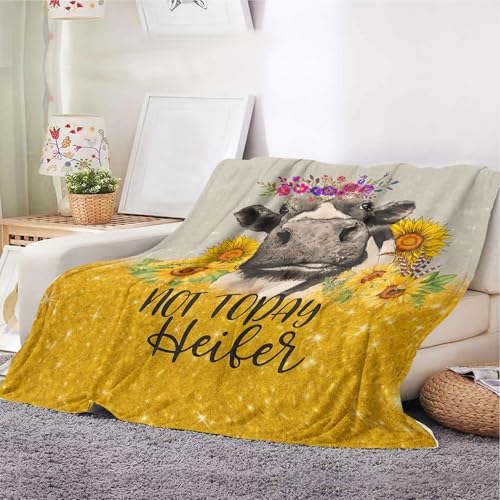 Kuh-Überwurfdecke – lustige Fleecedecke mit Zitat "Not Today Heifer", Sonnenblumen-Stil, Sofa-, Bettdecke, Geschenk für Tierliebhaber (130 x 150 cm, Kuh) von YunTu