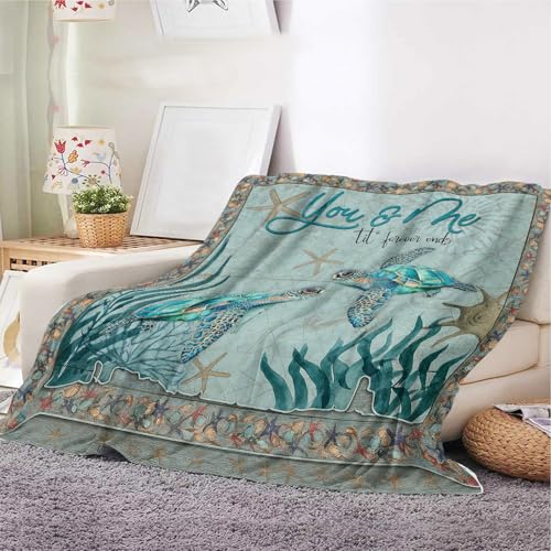 Meeresschildkröten-Überwurfdecke – romantische Fleecedecke mit Ozean-Motiv und Zitat "You & Me Till Forever Ends", weiche, gemütliche Stranddecke für Couch, Bett und Geschenke (Meeresschildkröte, 130 von YunTu