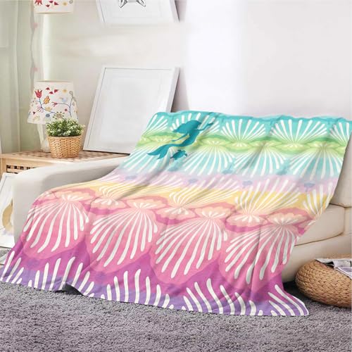 Meerjungfrauen- und Muschel-Überwurfdecke – Fleece-Decke mit Regenbogen-Ozean-Motiv, weiche, gemütliche Decke mit Meerjungfrau-Silhouette und Muscheln, Strandhaus-Dekor, Sofa, Bett und Reisen (Seehell von YunTu