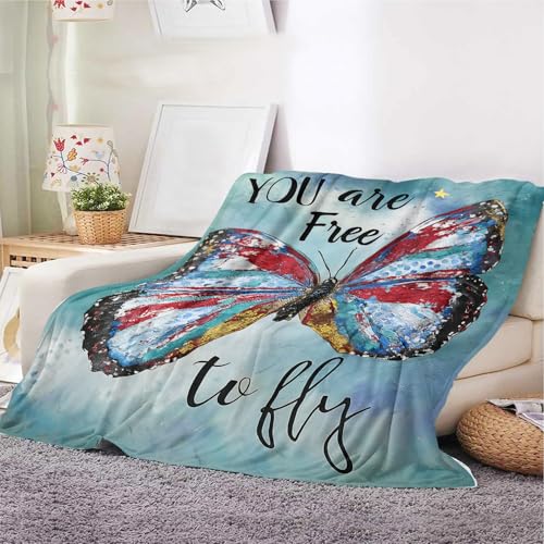 Schmetterlings-Überwurfdecke – weiche Fleecedecke mit inspirierendem Zitat "You Are Free to Fly", bunte Sofa-Bettdecke für Heimdekoration und Geschenke (Schmetterling, 150 x 200 cm) von YunTu
