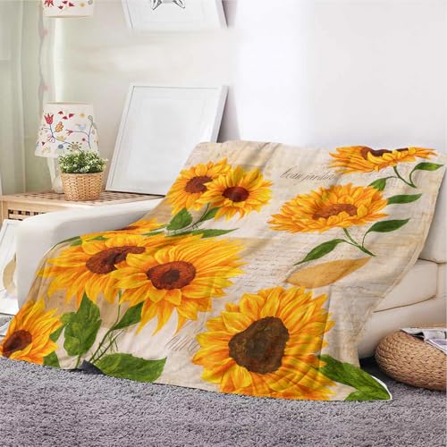 Sonnenblumen-Überwurfdecke – helle Fleecedecke mit rustikalem beigefarbenem Hintergrund, gemütlich, weich, leicht, Decke für Couch, Bett, Wohnzimmer und Geschenke (Sonnenblume, 130 x 150 cm) von YunTu