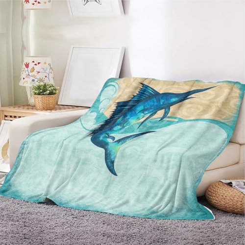 YunTu Blue Marlin Überwurfdecke – Segelfisch-Fleecedecke, nautische Meereslebewesen, gemütliche Decke für Sofa, Bett, Strandhaus, Angler-Geschenke (Blue Marlin, 100 x 130 cm) von YunTu