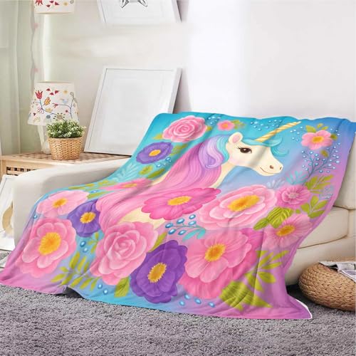 YunTu Einhorn-Überwurfdecke für Mädchen, weiche Fleecedecke mit bunten Blumen, leichte, warme Sofa-/Bettdecke für Kinderzimmer, Dekoration (Einhorn, 150 x 200 cm) von YunTu