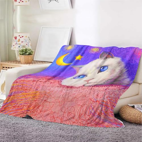 YunTu Katzen-Überwurfdecke – weiche Fleecedecke mit blauäugigen Katzen und Mondstern-Design, warme, leichte Sofa-Bettdecke für Tierliebhaber und Heimdekoration (Katze, 150 x 200 cm) von YunTu