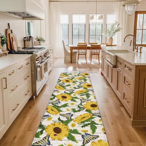 YunTu Küchenläufer Teppich Sonnenblumen Rutschfester Küchenläufer Waschbarer Flurläufer mit Schmetterlings- & Blumenmuster – Weicher Bodenläufer für Küche, Flur, Esszimmer, Waschküche (60cm*240cm) von YunTu
