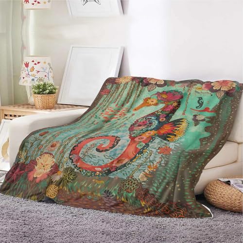 YunTu Seepferdchen-Überwurfdecke – weiche Fleecedecke mit buntem Ozean- und Blumendesign, leichte, warme Sofa- und Bettdecke für Küstendekoration (Seepferdchen, 150 x 200 cm) von YunTu