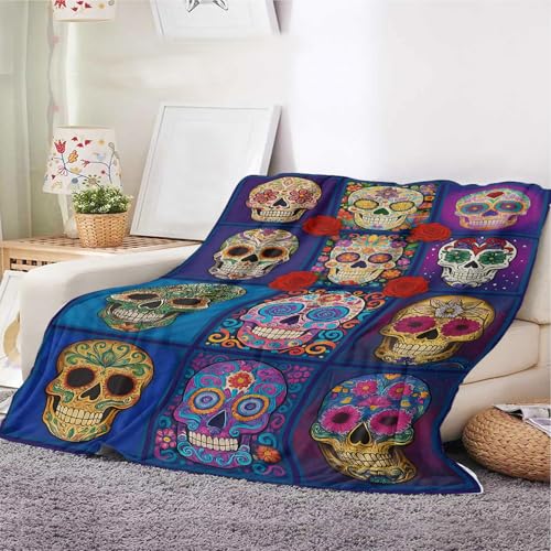 YunTu Sugar Skull Überwurfdecke, weiche Fleecedecke mit buntem Tag der Toten, Gothic-Boho, Sofa-, Bettdecke für Halloween und Heimdekoration (Zuckerschädel, 100 x 130 cm) von YunTu