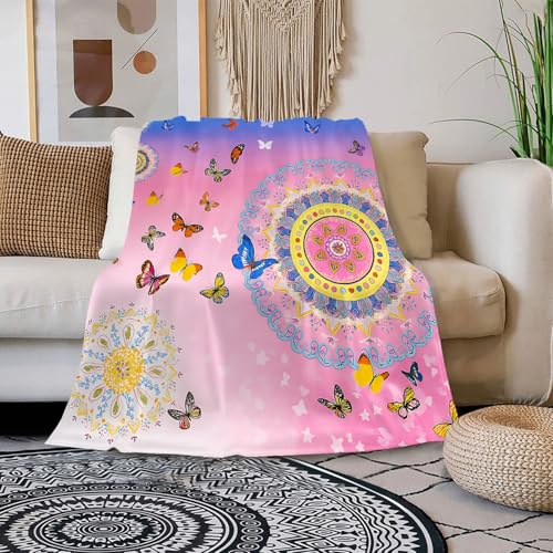 YunTu Weiche Fleece-Überwurfdecke mit buntem Schmetterlings- und Mandala-Design, warme, leichte Sofa-Bettdecke für Wohnzimmer, Schlafzimmer, Heimdekoration (Schmetterling, 130 x 150 cm) von YunTu