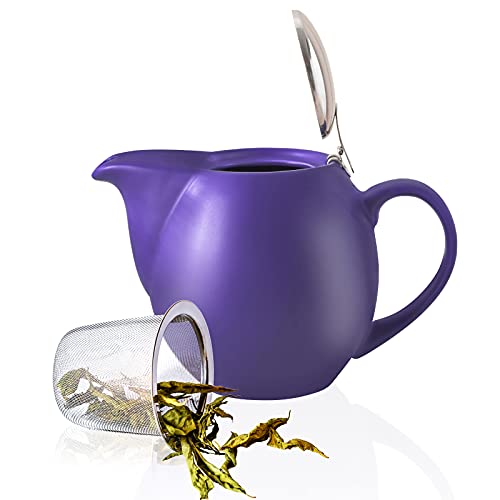 Yundu Keramik-Teekanne für losen Tee oder Teebeutel in mattem Violett, Teekanne mit Edelstahldeckel und abnehmbarem Sieb aus rostfreiem Stahl von Yundu