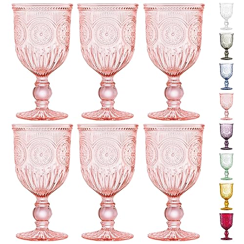 Yungala Rosa Weingläser-Set mit 6 rosa Kelchen, spülmaschinenfest, farbige rosa Glaswaren, Vintage-Stil für rosa Trinkgläser, Champagnerflöten, Wasserkelche oder bunte Weingläser von Yungala