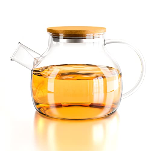 Yuning Teekanne Glas, Teekanne Glas mit Bambus Deckel 1 Liter- Herdplattensichere Teekanne aus Gla Teekannen aus Glas für losen Tee, Blütentee, und so weiters- Spülmaschinenfest von Yuning