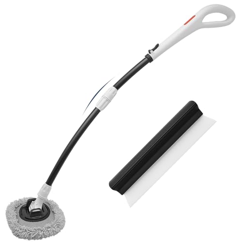 Yunkctuk 15° Bogen Autowaschbürste Teleskop Waschbürste Ausziehbarem Griff mit 1 Mikrofaserpads und 1 Squeegee, Auto Waschbürste Kit für Autos, Wohnmobil, SUV, LKW (180°Schwenkkopf) von Yunkctuk