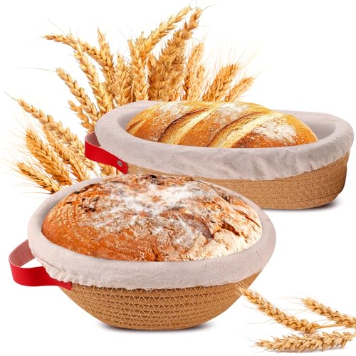 Yunkctuk Gärkörbchen mit Leineneinsatz & Deckel, Baumwollseil Gärkorb - 2er Set (Oval 26cm + Rund 23cm), Banneton Brotkorb für Sauerteigbrot, für Professionelle und Häusliche Bäcker von Yunkctuk