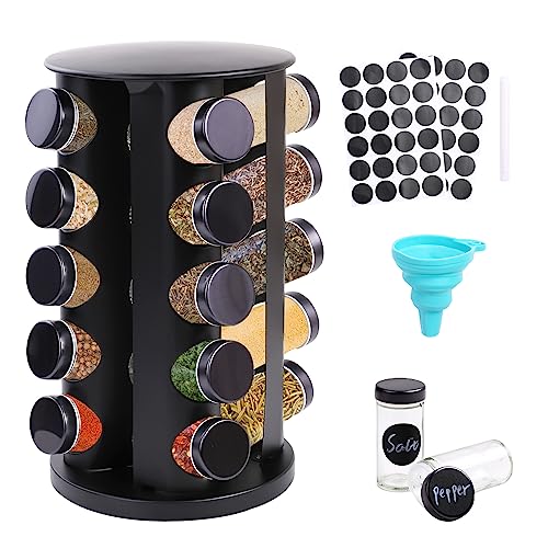 Yunkctuk Gewürzkarussell,Gewürzregal Drehbar 360°,Gewürz Organizer mit 20 Gewürzdosen,Edelstahl Spice Rack Gewürzgläser mit Regal Geeignet für Küchen, Schwarz von Yunkctuk