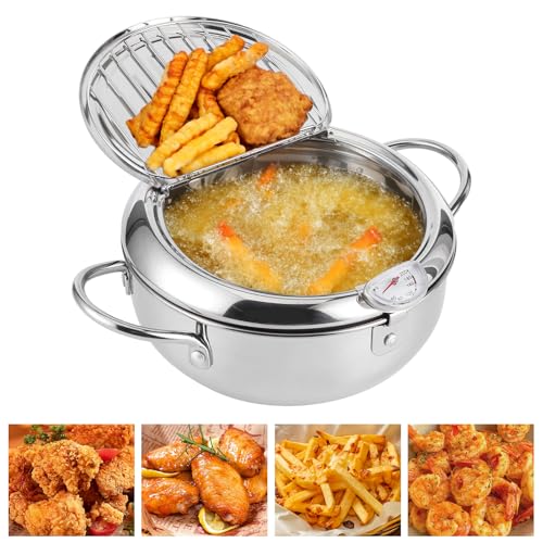 Japanischer Edelstahl-Frittiertopf,Tempura-Fritteuse mit Sieb, Thermometer und Deckel, 2,2L Mini-Öl-Fritteuse (Deep Fryer) für die Küche – ideal für Pommes Frites, Hähnchenflügel und Garnelen (20 cm) von Yunlaishaocer