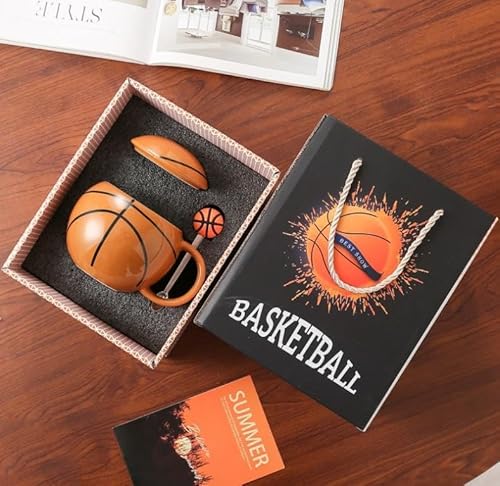 Yunlaishaocer Basketball Kaffeetasse,400ml Basketball Keramik Becher mit Deckel und Löffe,Basketballform Cappuccino Tassen für Jungen, Mädchen, Basketballfan,Geburtstagsgeschenke von Yunlaishaocer