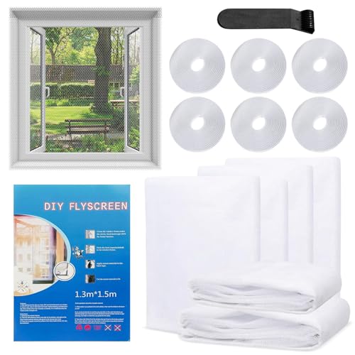 Yunlaishaocer 6 Stück Fliegengitter Fenster,130x50CM Insektenschutz Fenster mit Klettband Selbstklebend, Fliegengitter Fenster Ohne Bohren Insekten, staub und Mückensicher(Weiß) von Yunlaishaocer