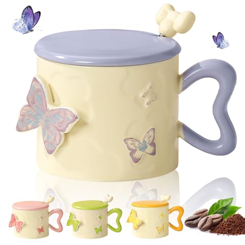 Yunlaishaocer Schmetterling Kaffeebecher,350ML Farbenfrohe Schmetterlinge aus Emaill mit Deckel und Löffe,Schmetterling Keramik Becher für Latte und Kaffee,Kawaii Teetasse Geschenke für Frauen(Blau) von Yunlaishaocer