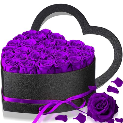 Yunlly 27 Stück konservierte Rosen Blume Herz Form Box Ewige echte Rosen unsterbliche Rosen Blumenstrauß langlebige Rose Blumen Box Geschenk für Valentinstag Muttertag Geburtstag Jahrestag (lila) von Yunlly