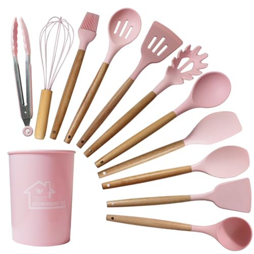 12Pcs Lange Holz Griff Silikon Spatel Löffel Set Hitzebeständigkeit Silikon Kochen Utensilien Antihaft Pfanne Küche Gadget Silikon Kochen Utensilien Set Löffel und Spatel Set von Yunnan Sourcing