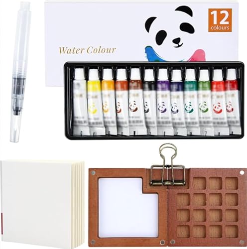 Yunova Mini Aquarellkasten aus Walnussholz – 15-Fächer Holzpalette mit 24 Farben – Kompaktes Aquarell Travel Set (14,8×9,5 cm), Künstler Geschenkset für unterwegs von Yunova