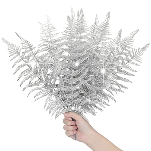 Weihnachtsblätter künstliche blinkende Blätter Glitzer tropische Blätter Weihnachten Picks Blumenarrangements Kränze DIY Weihnachten Hängende Ornament für Hochzeit Xmas Tree Dekorationen (20, Silber) von Yunsailing