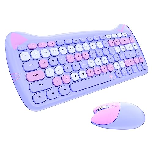 Yunseity Kabellose 2,4-G-Tastatur- und Maus-Kombination, Niedliche Katzenform, Retro-Bunte Kompakte Tastatur, für Windows, OS X, Android-System(Lila Melange) von Yunseity