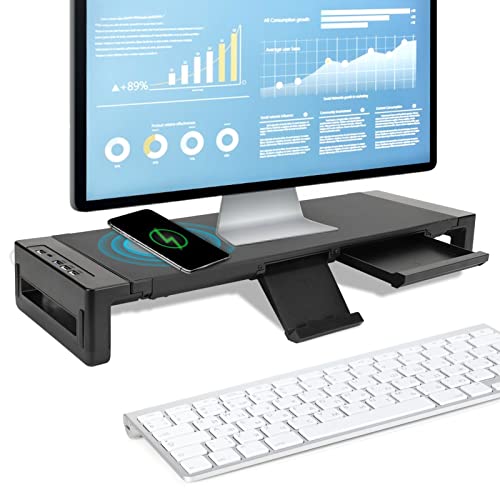 Yunseity MonitorstäNder, 3 USB-AnschlüSse, 2 LadeanschlüSse, Bildschirmregal-Organizer mit Aufbewahrungsschublade, Handyhalter, Maximale Belastung 66 Lbs von Yunseity