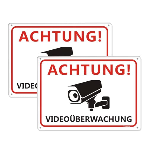 2 Stück Achtung Videoüberwachung Schild 25 x 18 cm aus Dauerhaft Alu Achtung Privatgrund Schild mit UV-Schutz Vorgebohrt für einfache Montage von Yuntarda