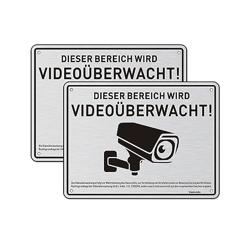 2 Stück Videoüberwachung Schild Privatgrundstück mit DSGVO Hinweis 15x20cm Gebürstet Aluminium Schilder Kameraüberwachung mit Selbstklebend und 4 Bohrlöcher Kamera Überwachung Schild Warnschild von Yuntarda