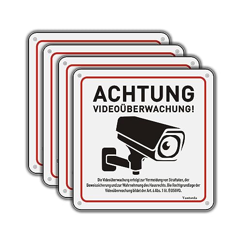 Videoüberwachung Schild Privatgrundstück mit DSGVO Hinweis, 4 Stück 15x15cm Aluminium Schilder Kameraüberwachung, mit Selbstklebend und 4 Bohrlöcher, Kamera Überwachung Schild, Warnschild von Yuntarda