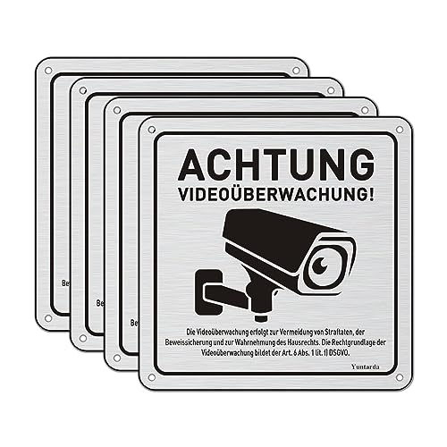 Videoüberwachung Schild Privatgrundstück mit DSGVO Hinweis 4 Stück 15x15cm Aluminium Schilder Kameraüberwachung mit Selbstklebend und 4 Bohrlöcher Kamera Überwachung Schild Warnschild von Yuntarda