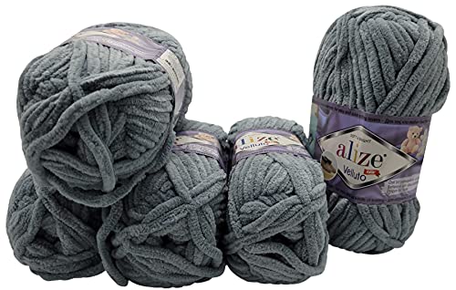 5 x 100 Gramm Alize Velluto Strickwolle, Babywolle , 500 Gramm Wolle Super soft Bulky (grau 428) von Yunteks