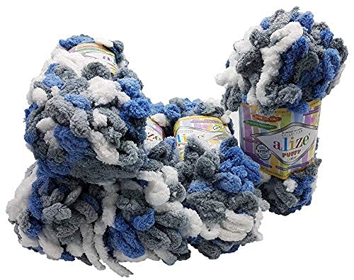 5 x 100 Gramm Strickwolle Alize Puffy Color, 500 Gramm Fingerstrick - Wolle mehrfarbig super bulky, Schlaufenwolle, Stricken ohne Nadel (blau grau weiß 6075) von Yunteks