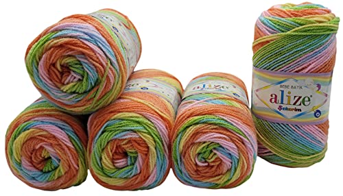 5 x 100g Babywolle Sekerim Bebe Batik mehrfarbig, 500 Gramm Wolle zum Stricken und Häkeln (orange rosa blau grün 4400) von Yunteks