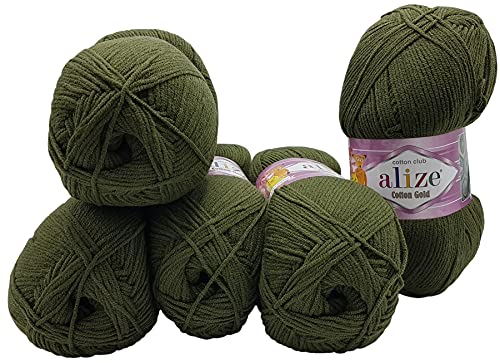 5 x 100g Strickwolle Alize Cotton gold mit 55% Baumwolle, 500 Gramm Wolle einfarbig (grün 29) von Yunteks