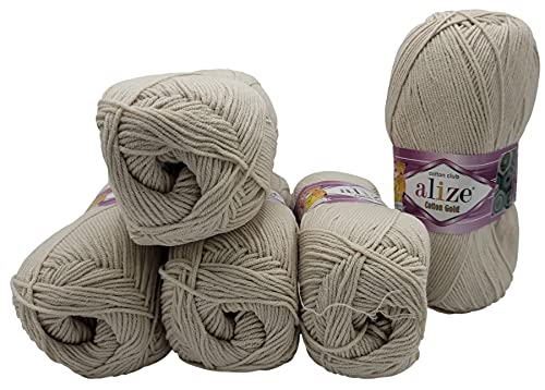 5 x 100g Strickwolle Alize Cotton gold mit 55% Baumwolle, 500 Gramm Wolle einfarbig (hell beige 599) von Yunteks