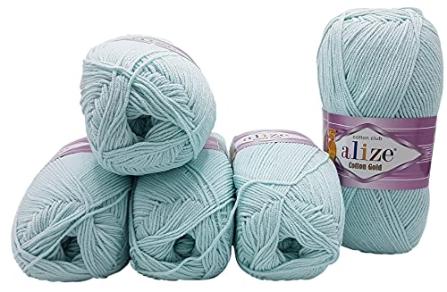 5 x 100g Strickwolle Alize Cotton gold mit 55% Baumwolle, 500 Gramm Wolle einfarbig (mint 522) von Yunteks