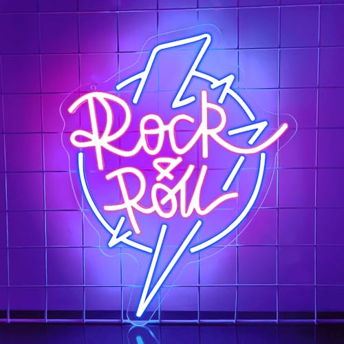 Rock and Roll Neon Schild,Musik LED Schild für Live Musik Konzert Bar Schlafzimmer Party Living Room,Lightning Bolt Dimmbare Neon Sign Geschenke für Musiker Teen Männer Lady USB Powered（14.6"*12"） von YuoGdhSIa