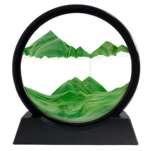 Yuomiker Dynamisch 3D Sandbilder zum Drehen, Fließende Sandmalerei runder Glas Rahmen, Bewegtes Sandbild Natürliche Landschaft, Entspannende Dekoration für Büro Heim Desktop-Kunst (Grün, 7") von Yuomiker