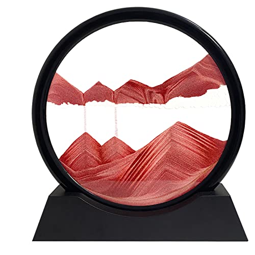 Yuomiker Dynamisch 3D Sandbilder zum Drehen, Fließende Sandmalerei runder Glas Rahmen, Bewegtes Sandbild Natürliche Landschaft, Entspannende Dekoration für Büro Heim Desktop-Kunst (Rot, 7") von Yuomiker
